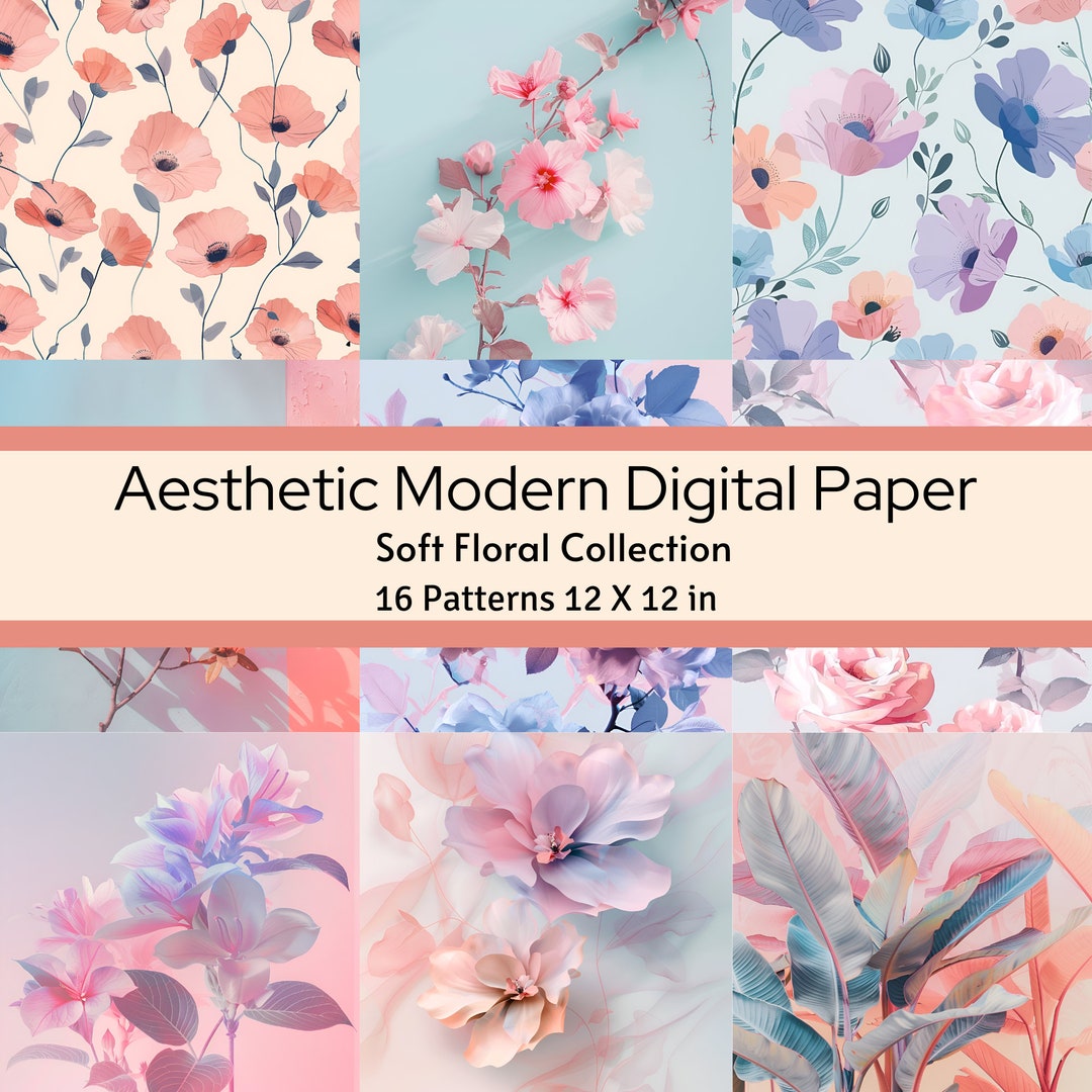 Floral Digital Paper: 16 Soft Color Seamless Patterns (12x12 In ...