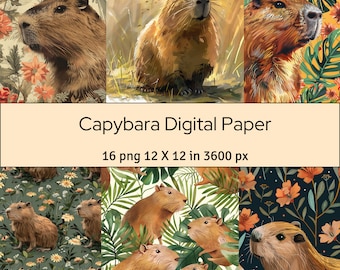 Capybara Art Digital Paper: 16 PNG Prints for Scrapbooking (12x12 in)