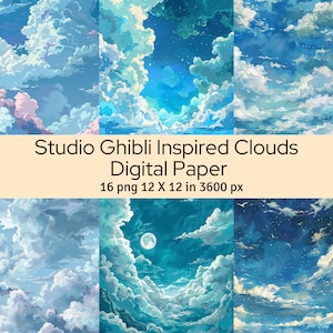 May include: A digital paper pack featuring 16 images of blue and white clouds with a starry night sky. The images are inspired by Studio Ghibli and are 12 inches by 12 inches at 3600 pixels.