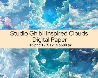 Ghibli Inspired Clouds Digital Paper: Anime Scrapbooking (12x12 in) (Digital Download)