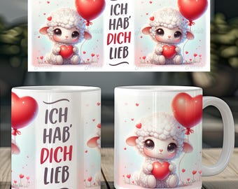 Cute sheep with heart saying german friends 11 oz mug coffee cups wrap sublimation design digital art download print template PNG CU