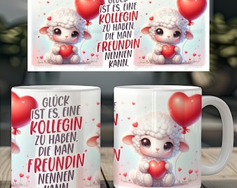 Cute sheep with heart saying german friends 11 oz mug coffee cups wrap sublimation design digital art download print template PNG CU