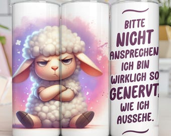 Cute grumpy annoyed sheep and funny saying german seamless 20 oz skinny tumbler wrap thermal mug sublimation design PNG CU