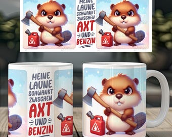 Grumpy beaver and funny saying german 11 oz mug coffee cup wrap sublimation design digital art download print template PNG CU