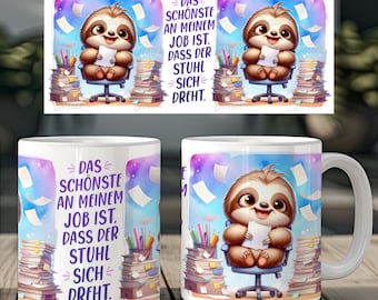 Cute sloth and funny saying in German, 11 oz coffee cup, wrap sublimation design, digital art download, print template PNG CU