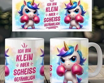 Taza de café de 11 oz con diseño de sublimación, diseño de arte digital, descarga de plantilla de impresión PNG CU, con unicornio gruñón y refrán divertido en alemán