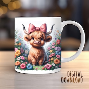 Baby Highland Cow Sublimation Wrap Print Design Farmer, Cup Coffee Mug, 11oz 15oz Coffee Mug, PNG Digital Download CU