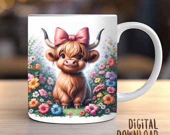 Diseño de impresión de sublimación de vaca bebé de las Tierras Altas, taza de café, taza de café de 11 oz y 15 oz, descarga digital PNG CU