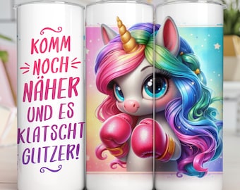 Cute unicorn with boxing gloves and funny saying German boxing seamless 20 oz skinny tumbler wrap thermal mug sublimation design PNG CU