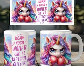 Grumpy unicorn and funny saying german 11 oz mug coffee cup wrap sublimation design digital art download print template PNG CU