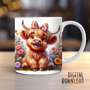 Baby Highland Cow Sublimation Wrap Print Design Farmer, Cup Coffee Mug, 11oz 15oz Coffee Mug, PNG Digital Download CU