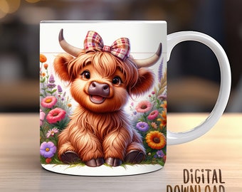 Diseño de impresión de sublimación de vaca bebé de las Tierras Altas, taza de café, taza de café de 11 oz y 15 oz, descarga digital PNG CU