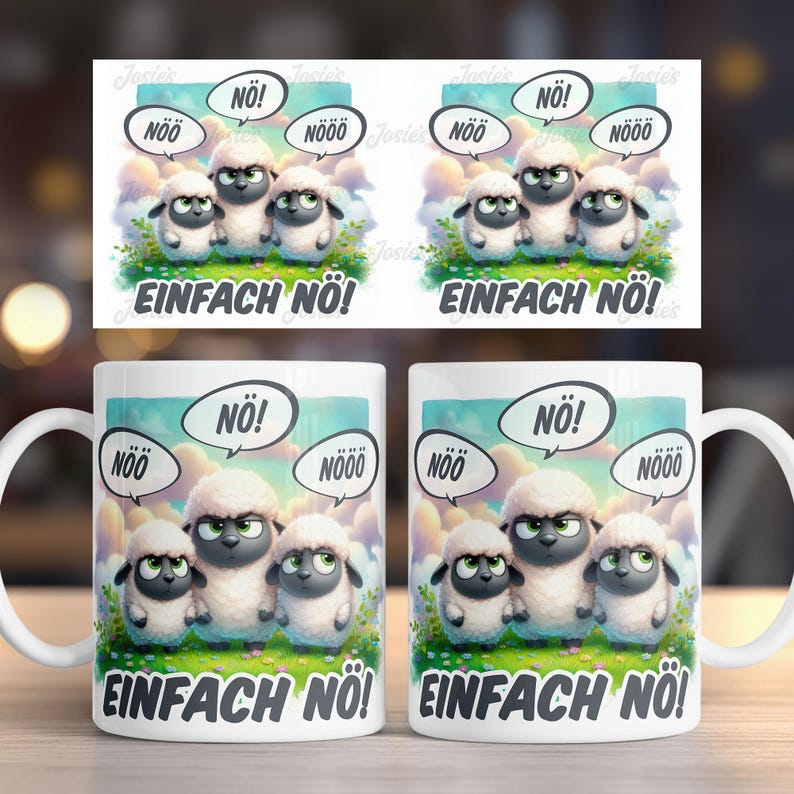 May include: White ceramic mug with a cartoon image of three sheep with angry expressions. The sheep are saying "NO!" and "NOOO" in speech bubbles. The text "EINFACH NO!" is printed on the mug.