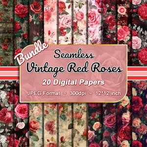 Vintage Red Roses Digital Paper, Seamless Rose Textures, Floral Digital Scrapbooking Backgrounds, Digital Instant Download Commercial Use