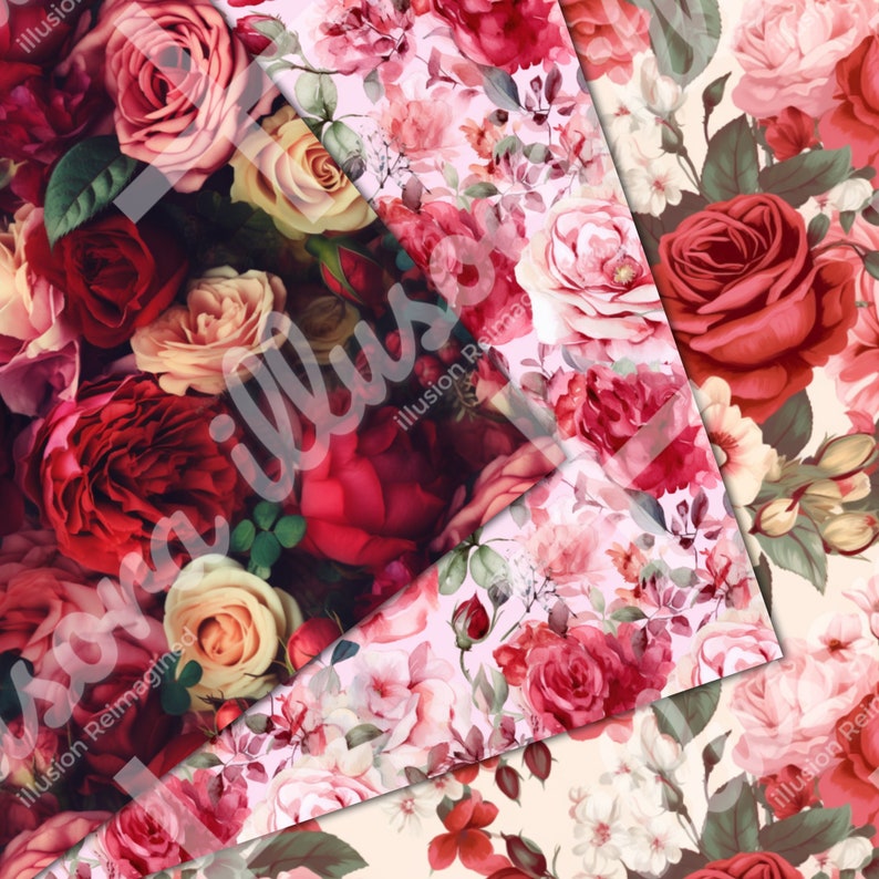 Vintage Red Roses Digital Paper, Seamless Rose Textures, Floral Digital