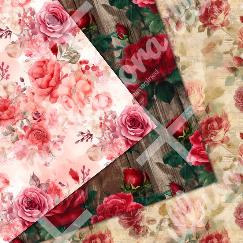 Vintage Red Roses Digital Paper, Seamless Rose Textures, Floral Digital