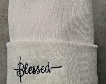 Beanie hat, embrodiered blessed design, warm knit hat, perfect for cool weather. Available in various colors