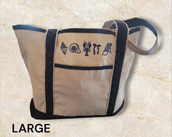 Large Coastal Embroidered Tote – Red or Blue , nautical theme tote with seashells, lobster, beach chair.