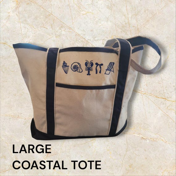Large Coastal Embroidered Tote – Red or Blue , nautical theme tote with seashells, lobster, beach chair.