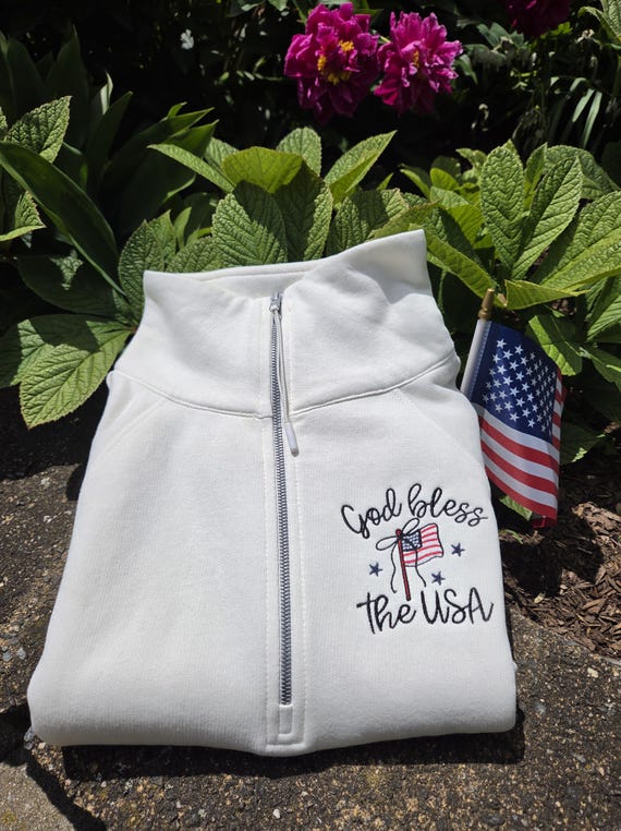 USA Quarter Zip Sweatshirt /embroidered crewneck/ Patriotic American Flag Pullover/ God bless USA