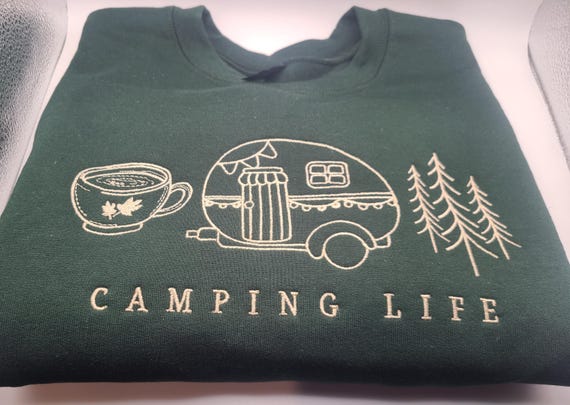 Camping Vibes embroidered sweatshirt, green camp gear, sitting by the fire, cool days and nights. Adventure, nature, outdoor sweatshirt
