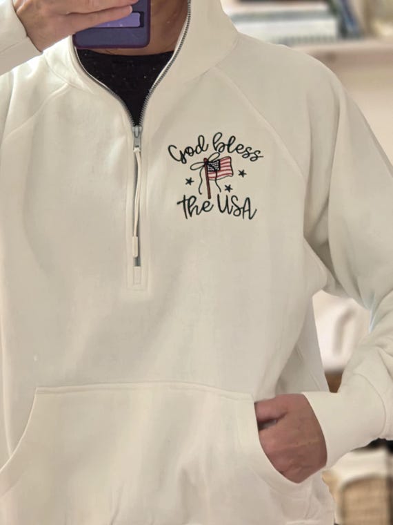 Embroidered God Bless USA Quarter Zip Sweatshirt | Patriotic American Flag Pullover