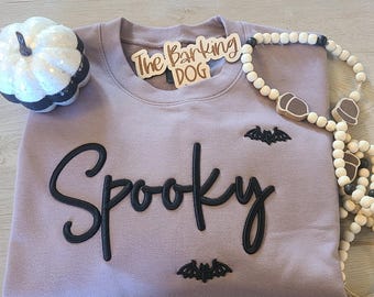 Plum Spooky Sweatshirt – 3D Puff Embroidery in Black – Embroidered Spooky Crewneck with bats– Fall Aesthetic Sweatshirt – Halloween Gift