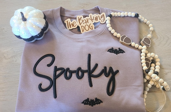 Plum Spooky Sweatshirt – 3D Puff Embroidery in Black – Embroidered Spooky Crewneck with bats– Fall Aesthetic Sweatshirt – Halloween Gift