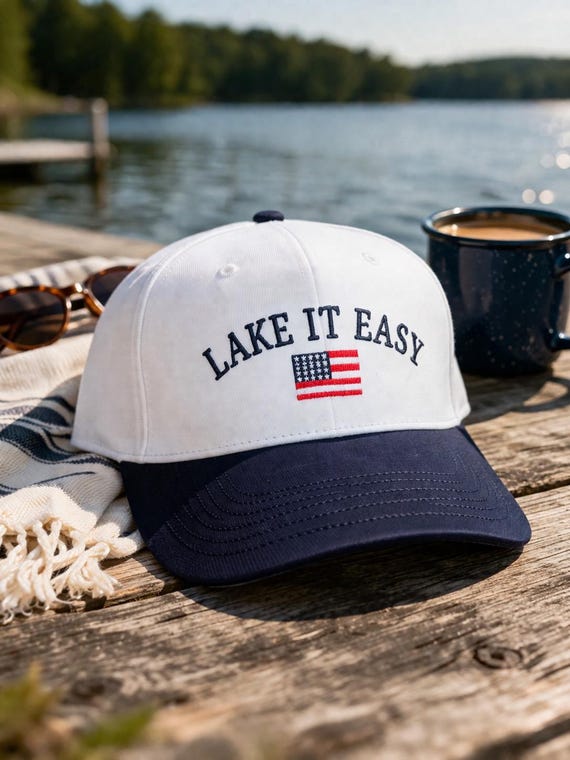 Lake It Easy Embroidered Hat | Red White Blue Baseball Cap | Patriotic Lake Life Hat | Summer Vacation Hat | 4th of July | Boating Hat