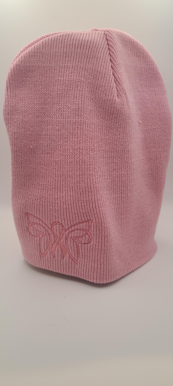 Pink Ribbon Beanie Hat | Breast Cancer Support Knit Cap | Awareness