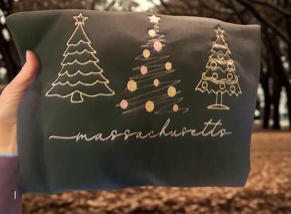 Personalized Christmas Trees Sweatshirt – Custom City/State Embroidery – Holiday Green Cozy Crewneck