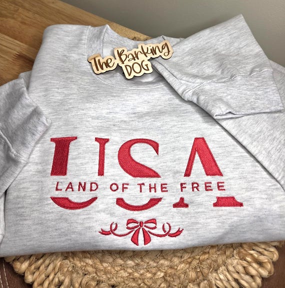 USA Land of the Free Embroidered Crewneck | Patriotic Ash Grey Pullover