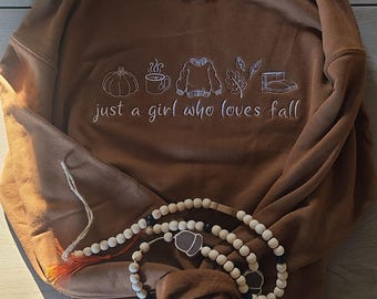 Embroidered pumpkin fall sweatshirt, pecan with white thread design