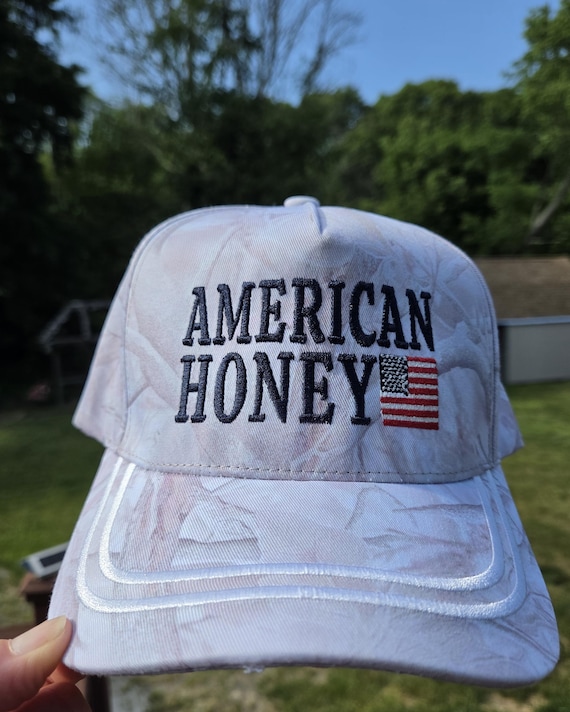 American Honey Embroidered Hat | White Camo Patriotic Trucker Hat | USA Flag Baseball Cap | Country Girl Hat | Fourth of July Gift