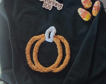 Chenille Pumpkin Embroidery Sweatshirt - Green Fall Crewneck - Cozy Autumn Sweater - Handcrafted Yarn Pumpkin - Fall Vibes Pullover