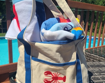 Personalized Embroidered Tote Bag – Red or Blue Cotton Canvas,  Monogram or Lobster, Custom Beach Bag Gift