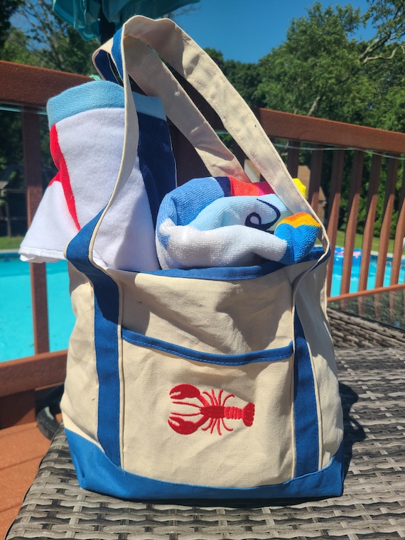 Personalized Embroidered Tote Bag – Red or Blue Cotton Canvas,  Monogram or Lobster, Custom Beach Bag Gift