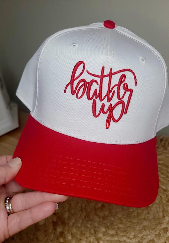 3D Puff Embroidered "Batter Up" Baseball Cap | Red Brim Sports Mom Hat