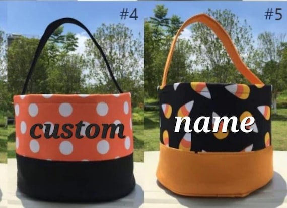 Embroidered Halloween bag, personalized Halloween treat bags for trick or treating, Microfiber bag with handle, orange and black bag