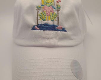 embroidered hat with color frog, custom hat order, unstructured dad hat, White hat