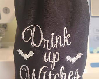 Halloween Wine Bottle Cover, Embroidered “Drink Up Witches” or “Spooky Season”, Black or Red Witchy Halloween Decor, Gift for Wine Lovers