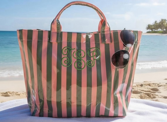 Viral Striped Vinyl Beach Bag |Personalized embroidered Waterproof Pool Tote | Bachelorette Weekend Bag/Summer Everyday Tote | Cute Travel