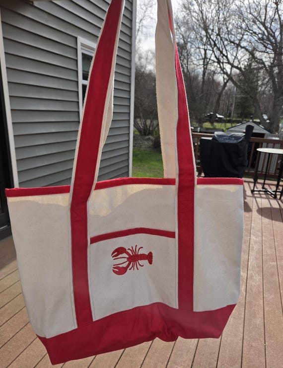Personalized Embroidered Tote Bag – Red or Blue Cotton Canvas,  Monogram or Lobster, Custom Beach Bag Gift