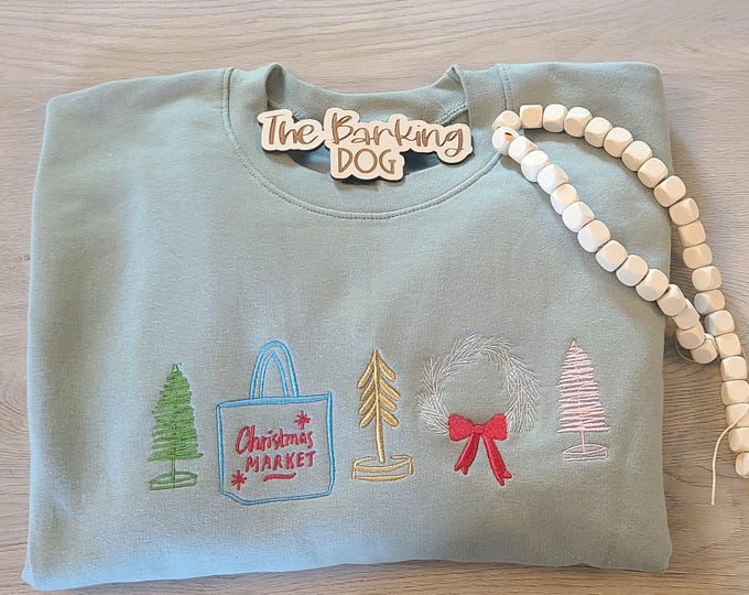 Featured listing image: Sage Green Christmas Sweatshirt – Embroidered Holiday Market Sweater – Cozy Unisex Christmas Gift – Minimalist Winter Sweatshirt – Festive