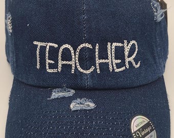 Embroidered Teacher hat, custom denim distressed hat, unstructured dad hat