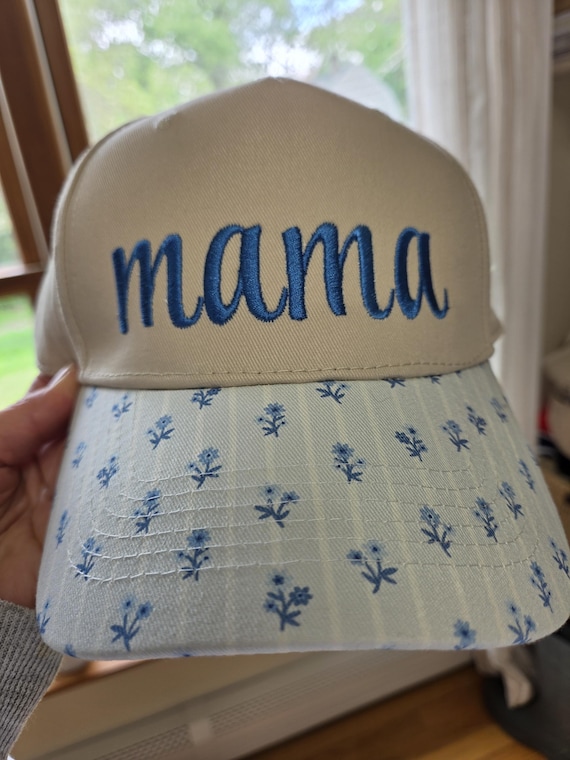 Embroidered Mama Hat | Blue Floral Brim Baseball Cap, Mother's Day Gift