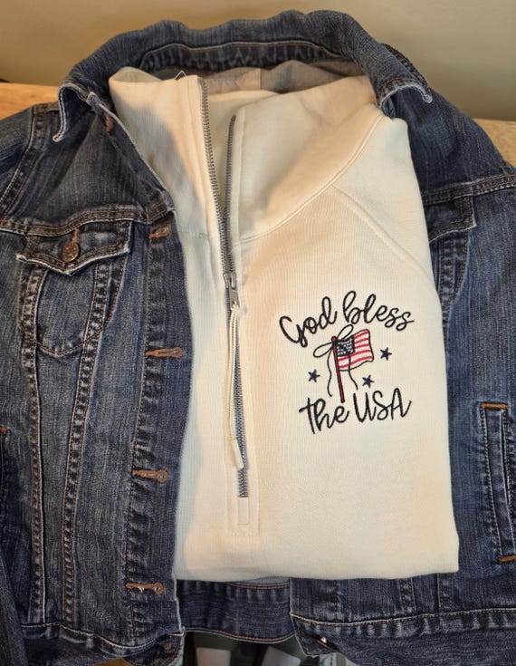 God Bless the USA Embroidered Quarter Zip Sweatshirt | Patriotic Pullover | Memorial day | 4th of July Sweatshirt | American Flag Apparel