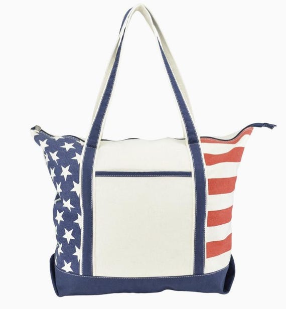 Personalized American Flag Tote Bag, Monogram Embroidered USA Tote, Patriotic Beach Bag, Preppy Canvas Tote, 4th of July Gift for Her