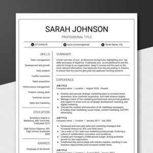 Professional Resume & CV Template For Microsoft Word, Google Docs And Apple Pages - Simple And Minimalist