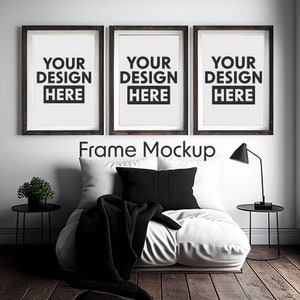Set Of Three Frames Mockup - Vintage Portrait Wood Frame Mockups - Vertical Wall Art Mock-up - Rustic Modern Bedroom Mock Up Poster